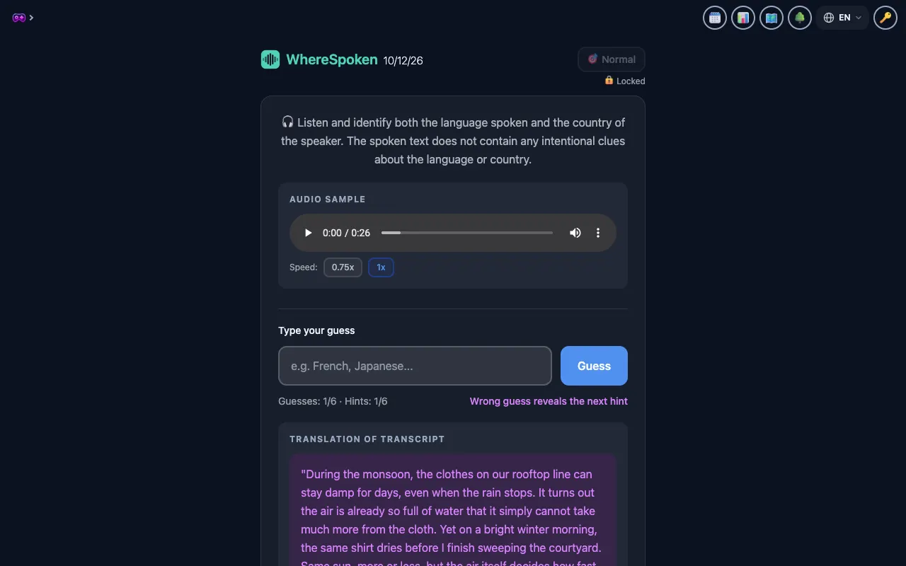 Screenshot of WhereSpoken — a game like Wordle