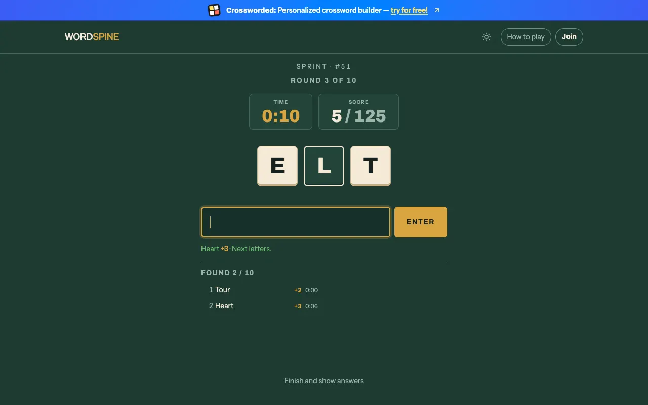 Screenshot of Wordspine — a game like Wordle