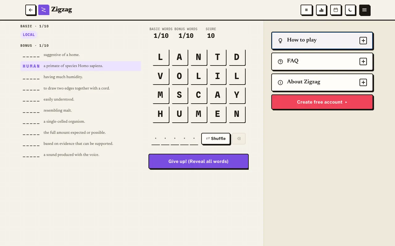 Screenshot of Zigzag — a game like Wordle